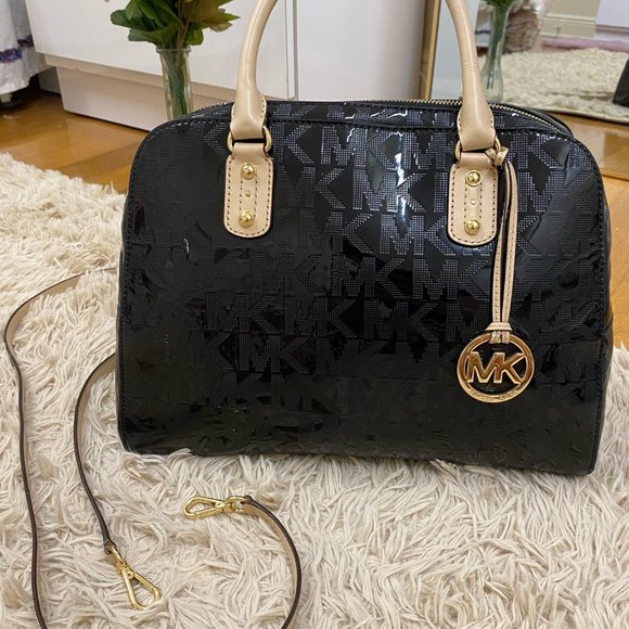 Michael Kors Shiny Black Monogram Satchel Bag - Picture 13 of 14